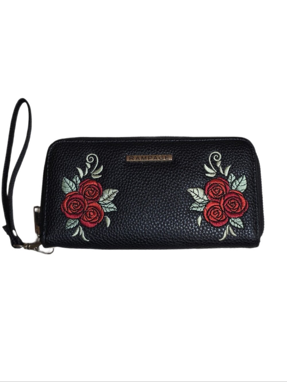 Rampage Black Wristlet Wallet with Red Rose Embroidery
